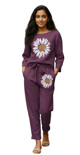 White Button new Girls sunflower Daisy Print Flax Cotton Co-ord Set – Breathable Summer 2-Piece Outfit