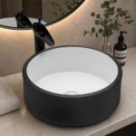 Plantex Round Ceramic Table Top Wash Basin/Designer Counertop Washbasin/Vessel Sink for Bathroom/Home/Restaurant (White & Black-17 x 17 x 6 Inch)