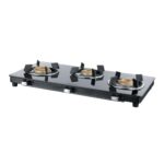 USHA Ebony Neo Slim 3 burner (EBNSL3RGC) with stainless steel body, glass cooktop, large space for parallel cooking, and removable drip tray