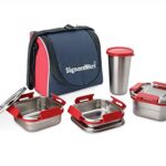 Signora Ware Best Squarex Stainless Steel Lunch Box With 100% Steel Lids And Red Blue Bag, 225Ml+350Ml+500Ml+ (370Ml Tumbler), Set Of 4, Red
