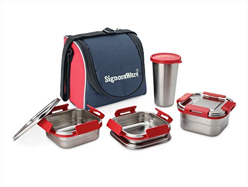 Signora Ware Best Squarex Stainless Steel Lunch Box With 100% Steel Lids And Red Blue Bag, 225Ml+350Ml+500Ml+ (370Ml Tumbler), Set Of 4, Red
