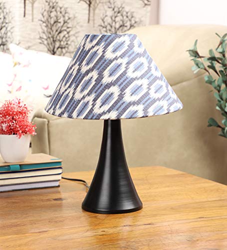 tu casa Table Lamps Black Metal Base with Blue/White Cotton (Ikat Print) Shades for Home Décor, Bedrooms, Living Room, Gifting, Diwali Decoration, Dining Space, Study Room, Restaurants (H-13)