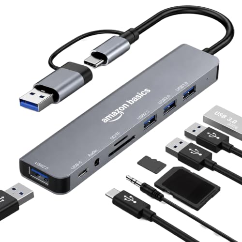 Amazon Basics 8-in-1 USB Hub with Dual Plug (USB-A & USB-C), USB 3.0, 3 x USB 2.0, USB-C 2.1, SD/TF Card Reader & 3.5mm Audio Jack, 18 cm Cable (Grey)