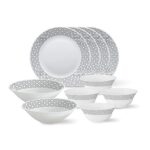 Larah By Borosil – Tiara Series, Black Grey Cone, 10 Pcs, Opalware Floral Dinner Set, White