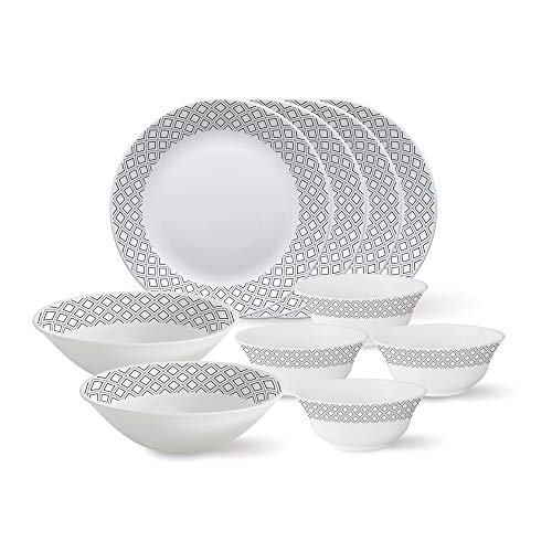 Larah By Borosil – Tiara Series, Black Grey Cone, 10 Pcs, Opalware Floral Dinner Set, White