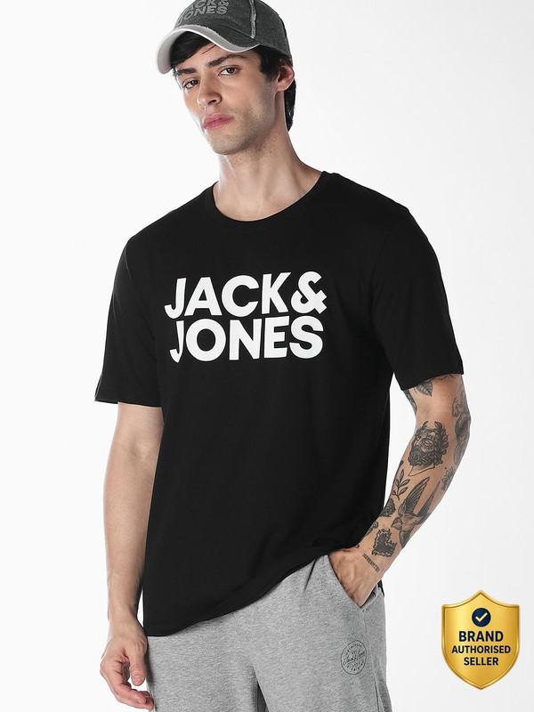 JACK & JONES Printed Men Round Neck Black T-Shirt