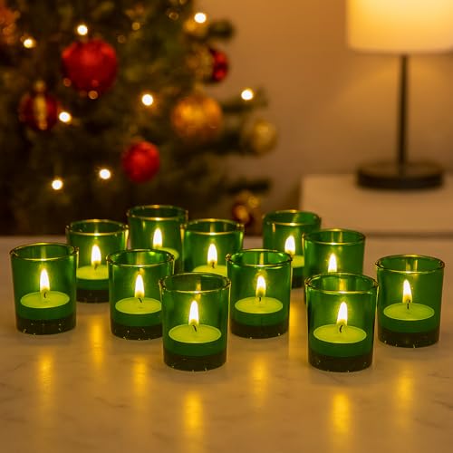 Pure Source India Set of 12 Votive Glass Candle Holders with Tealight Candles | Decorative Diwali Lights for Home, Pooja & Festive Décor (Green)