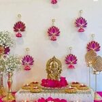 Divyakosh Lotus Hanging for Decoration | Handmade Wall Decor with Jhumki Style | Set of 6 Pink/Rani | Export Quality Lotus for Home, Temple & Pooja Room Decor | Diwali, Wedding & Festival Decoration