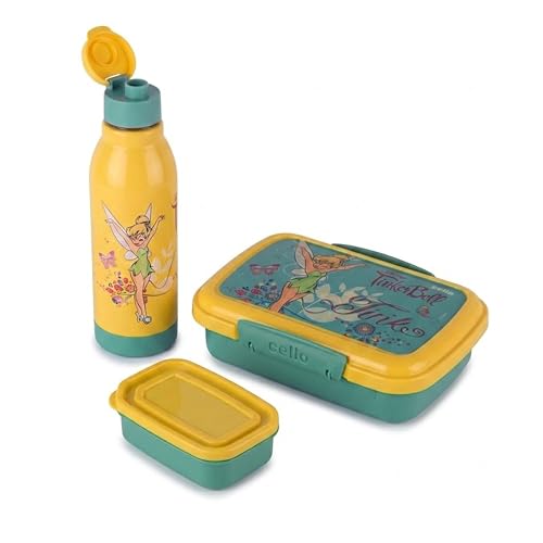 CELLO Lunch On Tinker Bell Design Kids Combo Set Green | Inner Compartment Lunch Box with Insulated Water Bottle Leak Proof Airtight Lightweight 3D Print Tiffin Box Bottle Set for School Kids Boys