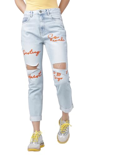 Tokyo Talkies Women Blue Boyfriend Fit Mid-Rise Mildly Distressed Jeans
