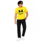 Men’s Yellow Graphic Print T-Shirt, Half Sleeve Crew Neck Casual Polyester T-Shirt with Dripping Smile Face Design for Men, Everyday Wear