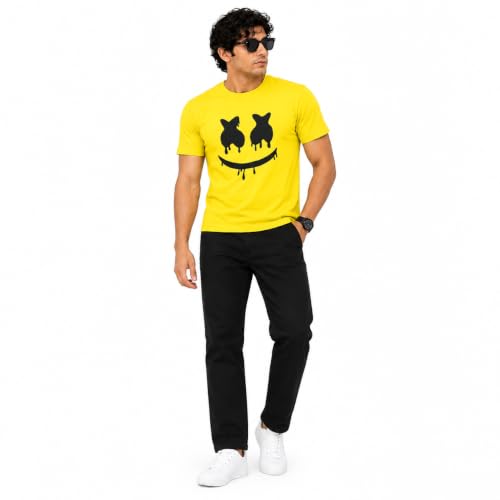 Men’s Yellow Graphic Print T-Shirt, Half Sleeve Crew Neck Casual Polyester T-Shirt with Dripping Smile Face Design for Men, Everyday Wear