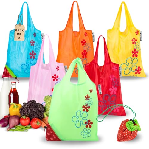 Oytra Foldable Shopping Bag Set of 6 Reusable Grocery Bags Strawberry Design Expandable Foldable Carry Bags for Women Portable Folding Vegetable Market Tote Pouch
