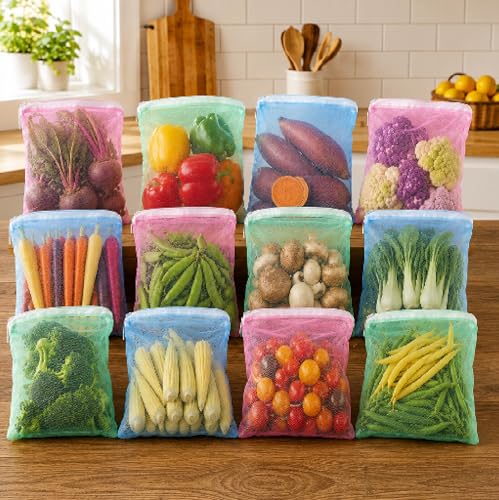 Homestrap Reusable Mesh Fridge Storage Bags Set of 12 | Fruit & Vegetable Bags for Refrigerator | Washable Multipurpose Grocery Organizer Pouches with Zip Closure (9 X 13 Inches | Multicolor)