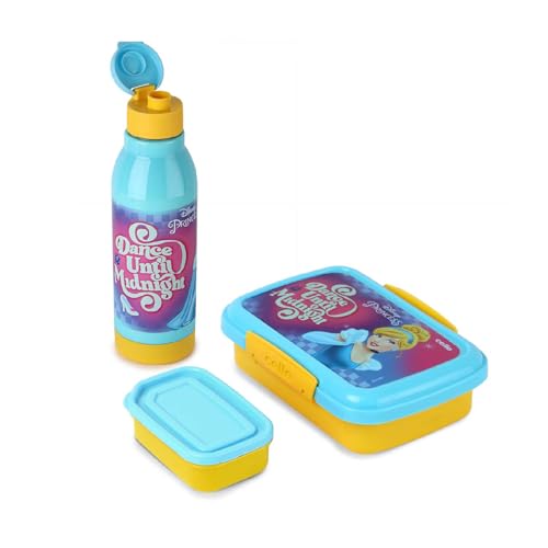 CELLO Lunch On Disney Pricess Design Kids Combo Set Yellow | Inner Compartment Lunch Box with Insulated Water Bottle Leak Proof Airtight Lightweight Cartoon Print Tiffin Box Bottle Set for School Kids