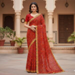 GULLAK Printed, Blocked Printed, Geometric Print Bandhani Cotton Silk Saree(Red)