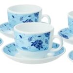Larah by Borosil Rosa Blue Opalware Set – 6 x 220ml Cups and 6 Saucer (12 Pieces) | Microwave and Dishwasher safe | Crockery Set Ideal for Tea, Coffee, and Casual Meals