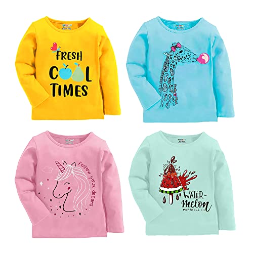 Kuchipoo Girls Regular Fit Full Sleeve Cotton Blend T-Shirt Pack of 4 (KUC-TSHRT-177-12-18 Months, Multi-Colred)