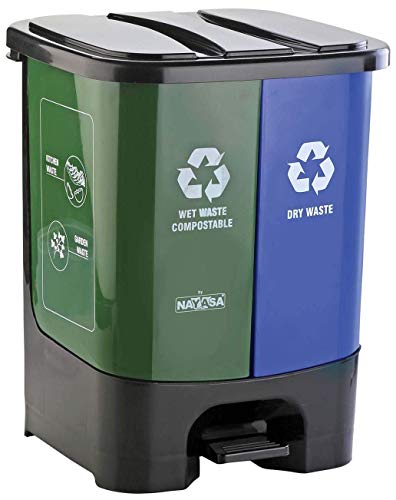 Nayasa 2-in-1 Pedal Dustbin – 19 L (9.5 L Each) | Dual Compartment Wet & Dry Waste Bin with Detachable Inner Bins | Hygienic Plastic Pedal Bin | Green & Blue