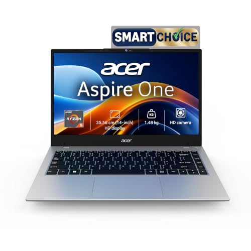 Acer Smartchoice Aspire One, AMD Ryzen 5-40, 8GB LPDDR5 RAM/ 256GB SSD, 14.0″/35.56cm WXGA Display, Win 11 Home, Pure Silver, 1.48KG, A114-43, Thin and Light Laptop