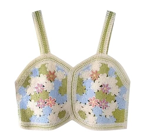 Y Company Women’s Cute Cropped Tank Top Knit Crochet Camisole | Floral Embroidered Tank Top(Cropped-Green-L)