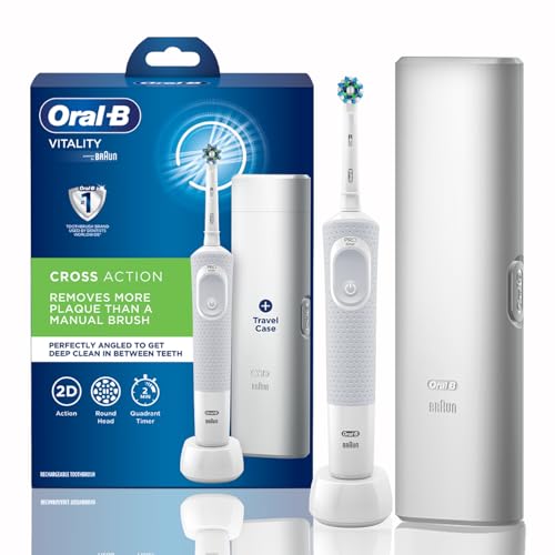 Oral-B Vitality Rechargeable Rotating Electric Toothbrush for Adults with Travel Case & 2 Modes (Daily & Sensitive), 2 Min Timer, 2 Year Warranty by Oral B, IPX7 Water Resistant, Round Brush Head (White)