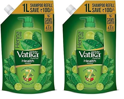 Dabur Vatika Health Shampoo – 1L (Refill Pouch) | With 7 natural ingredients | For Smooth, Shiny & Nourished Hair | Repairs Hair damage, Controls Frizz | For All Hair Types | Goodness of Henna & Amla