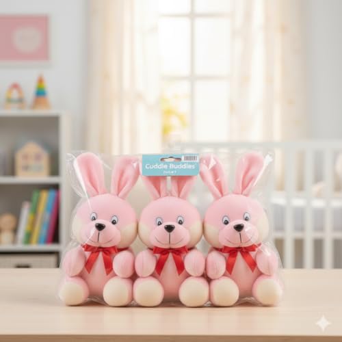HOMOZE Cute Pink Bunny Soft Toy Pack of 3 | Super Soft Plush Rabbit Trio with Ribbon Bow | Huggable Stuffed Animals for Babies & Toddlers Set for Kids, Birthday & Baby Shower -Pack of 3