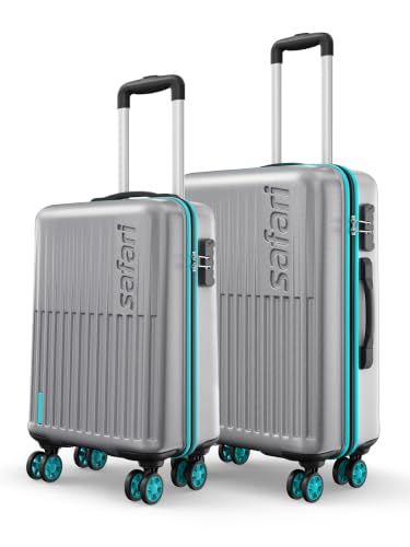 Safari Astra Neo 8 Wheels Set of 2 (Cabin + Medium) Trolley Bags, Hard Case Polycarbonate, 360 Degree Wheeling Luggage for Men & Women, Travel Bag Suitcase for Travel, Silver
