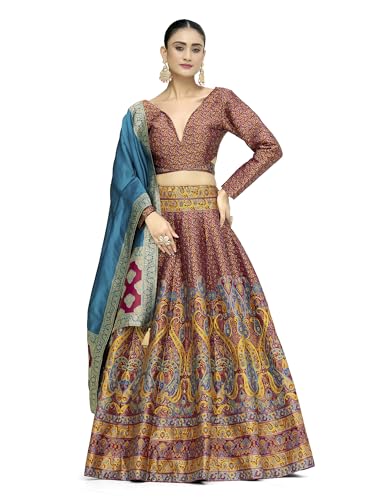 PURVAJA Women’s Kanjiwaram Semi-Stitched Lehenga choli (Zahira-Cherry_Free Size)