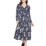 oxolloxo Women V-Neck Full Sleeve Graphic Print Dress (Small) Dark Blue