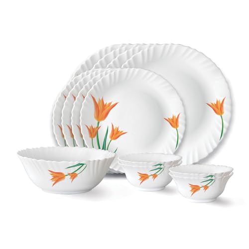 Larah by Borosil Firefly Fluted Series Opalware Dinner Set Of 4 Full Plate, 4 Quarter Plates, 4 Veg Bowls and 1 Serving Bowl | Bone-Ash Free Crockery Set for Dining Table (White, 13 Pieces)