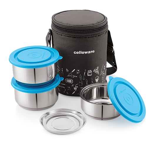 CELLO MF Thermostyle Stainless Steel 3 Container with Jacket| Leakproof Lunch Boxes | Easy to Clean | Ideal for College, Office | 4 Unit, Blue