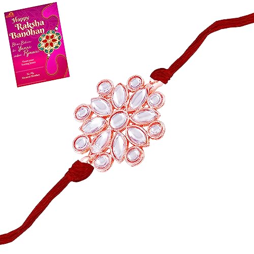 Okos Rose Gold Plated Rakshanbadhan Gifts Special Green and White Kundan Elements Studded Alloy Rakhi Bracelet With Greeting Card- Rakhi For Brother, Bhaiya, Bhai RK1000407RGWHT
