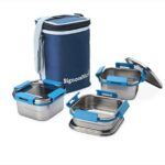 SIGNORA WARE (500Ml+350Ml+350Ml) Director Squarex Stainless Steel Lunch Box With Lock Clip Lids And Bag, BPA Free Plastic, Airtight Leak Proof Containers Boxes, Freezer Dishwasher Safe Boxes (Blue)