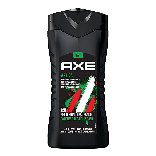 Axe Africa 3 In 1 Body, Face & Hair Wash for Men, Long-Lasting Refreshing Mandarin & Sandalwood Fragrance for Up To 12hrs, Natural Origin Ingredients, Removes Odor & Bacteria, No Parabens, Dermatologically Tested, 250ml