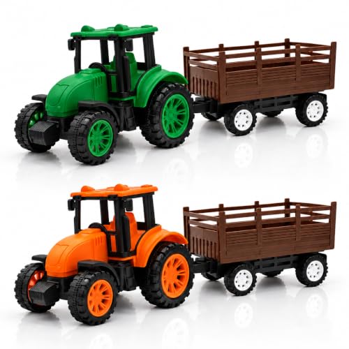 NeoKiddo Toys Toy Tractor with Trailer Combo Set of 2 for Kids, Green & Orange Farm Vehicles