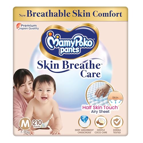 MamyPoko Pants Skin Breathe Care | Baby Diapers Medium Size (M) | 210 Count | 7-12Kgs | Half Skin Touch Airy Sheet | 3X Breathable | Derma Tested