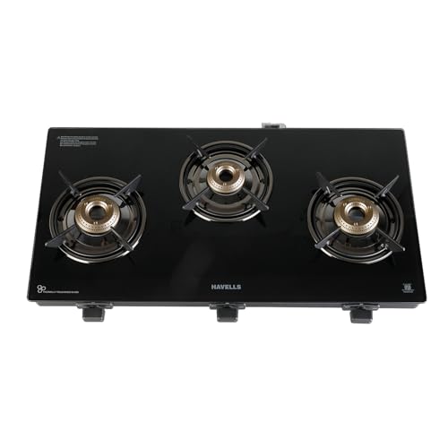 Havells GEOSLIM Gas stove |3 Heavy Duty Forged Brass Burner|6 mm Toughened Glass|Premium Valves|Removable Drip Tray|Soft Touch Knobs|5 year Warranty on Burners, Glass & Valves by Havells (Black)