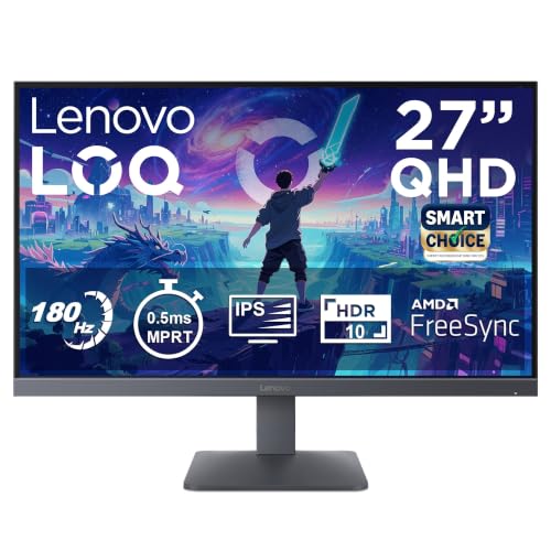 Lenovo LOQ 27Q-10 (Smartchoice) | 27″ (68.5cm) QHD (2560×1440) IPS 180Hz Gaming Monitor | 0.5ms, HDR10 Compliance, AMD FreeSync, 99% sRGB, 2xHDMI 2.1 TMDS, 1xDP 1.4| Tilt | Lunar Grey | 68F3GACBIN