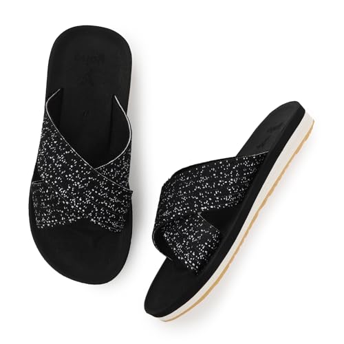 YOHO Starry Slippers for Women | Criss-Cross Elastic Strap | Lightweight & Waterproof | Extra Soft Cushioned Orthopaedic Footpharma Footbed | Stylish Casual Flats for Everyday | Classic Black – UK 4