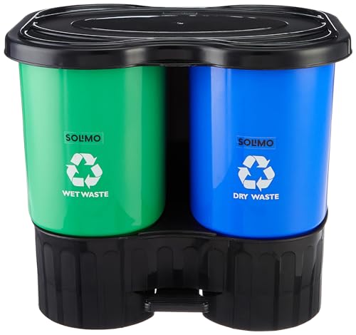 Amazon Brand – Solimo Plastic Oval Step-On Pedal 2-In-1 Dual Dustbin With Lid-15.4 Liters|Green&Blue