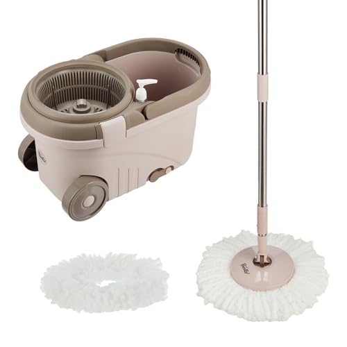 Amazon Brand – Presto! Clean Plastic Spin Mop | Durable Plastic Build with 2 Microfiber Refills | Big Wheels & Drag Handle | 360° Spin Mop with Telescopic Handle | Chestnut