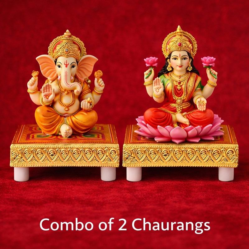 Ziniasha Meenakari Handcrafted Golden Small Puja Chourang Wooden Pooja Chowki(Multicolor, Pack of 2)