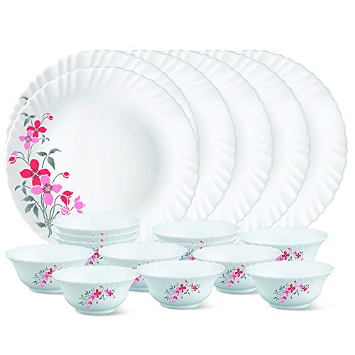 Larah By Borosil Floral Glass Florethali Set (White)-18 Pieces