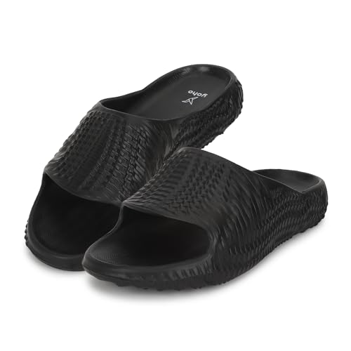 YOHO All-Terrain Sliders for Men | Cushioned Slippers| Lightweight | Waterproof | Classic Black- UK 9