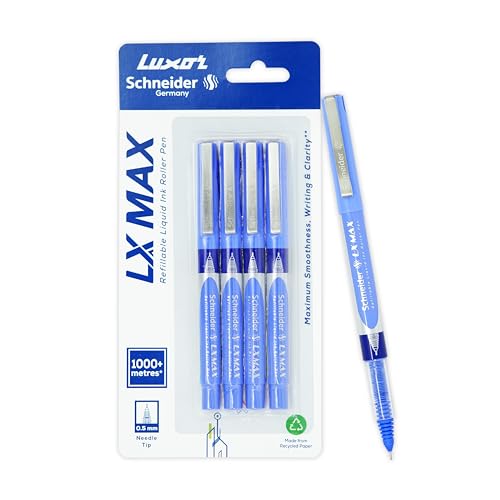 Luxor Schneider, LX MAX roller ball pen, Pack of 4 – Blue, Needle Tip, 0.5mm, 100% German Technology, 1000+ mtrs writing length, Waterproof Ink, Ideal for Students & Professionals