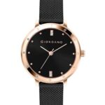 Giordano Analog Watch for Women with Round Black Sunray Dial, Crystal Studded Bezel, Quartz Movement and Black Stainless Steel Mesh Strap A2085-55