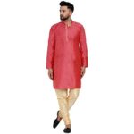 Veera Paridhaan Men’s Ethnic Jacquard Full Sleeve Printed Long Kurta Set(Pink Kurta, Golden Pajama, Size-36)