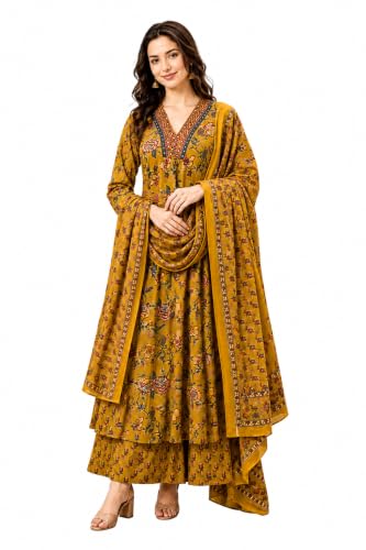 BANDRAGIRLS Women’s Rayon Printed Anarkali Kurta and Pant with Dupatta Set